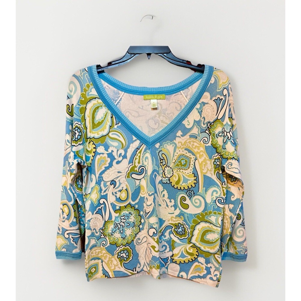 Sigrid Olsen Sweater Silk Blend Aqua Paisley Floral Sequin Bead Size M